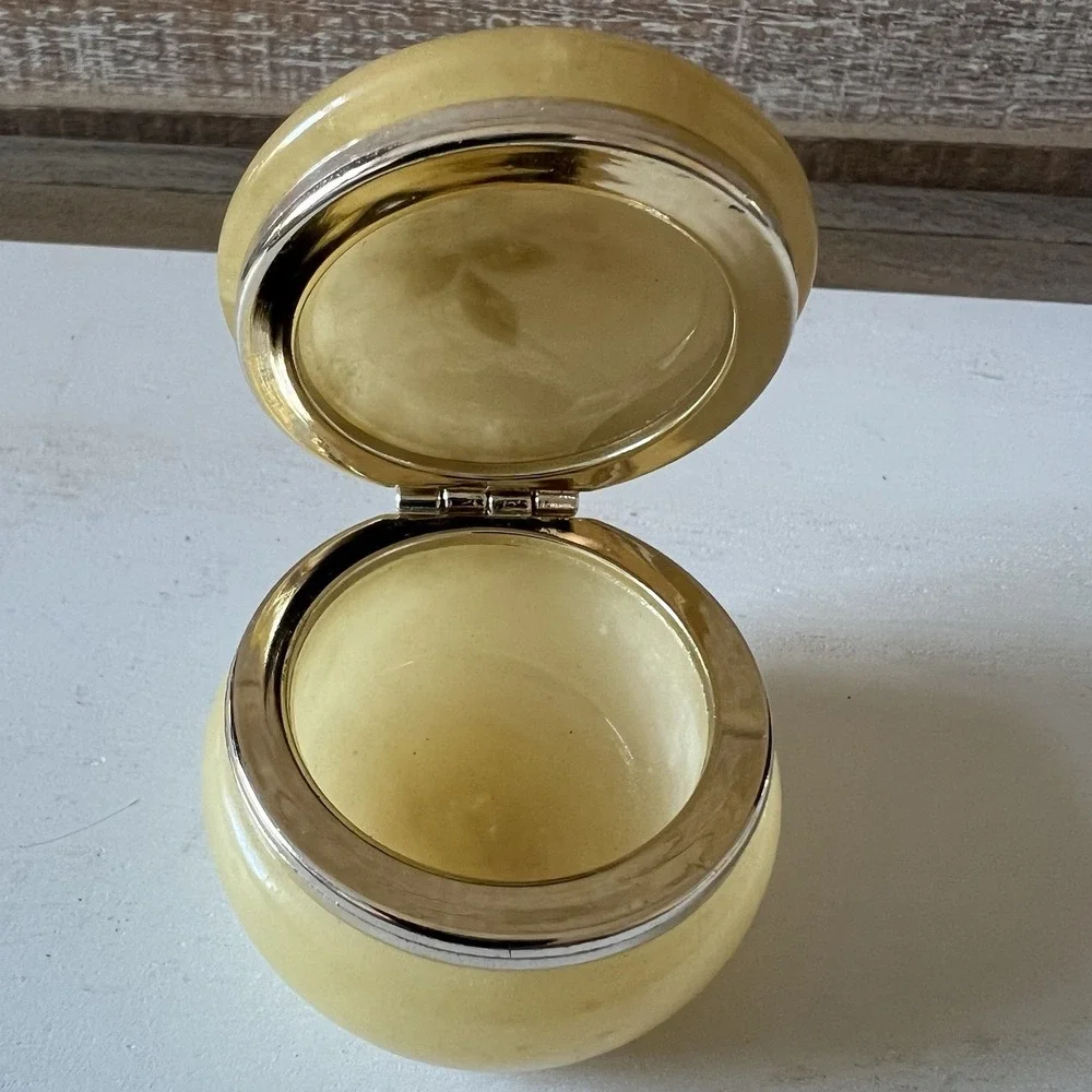 Vintage Yellow Alabaster Trinket‎ Box With Floral Pattern On Top 2 In W X 1.75 H